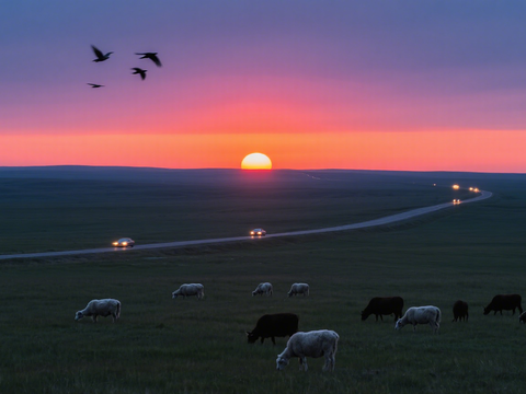  风景 黄昏 夕阳 草原 