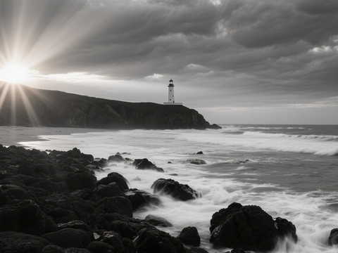 黄昏 夕阳 湖面 海边 黑白 
