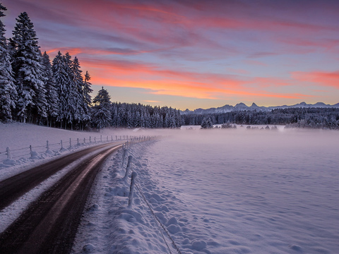  冬天道路雪树林日落风景 