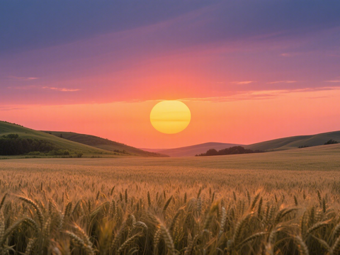  黄昏 夕阳 稻田 