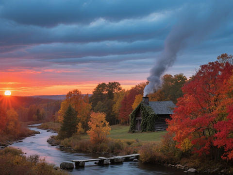  风景 黄昏 夕阳 湖面 森林 