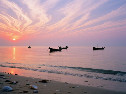  黄昏 夕阳 湖面 海边 