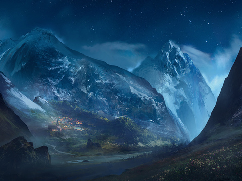 高山山谷夜晚星星风景