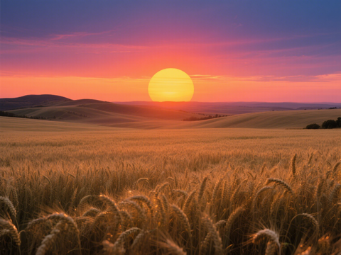  黄昏 夕阳 稻田 