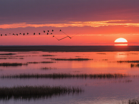  黄昏 夕阳 湖面 落日 飞鸟 