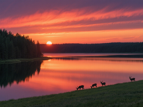  黄昏 夕阳 湖面 