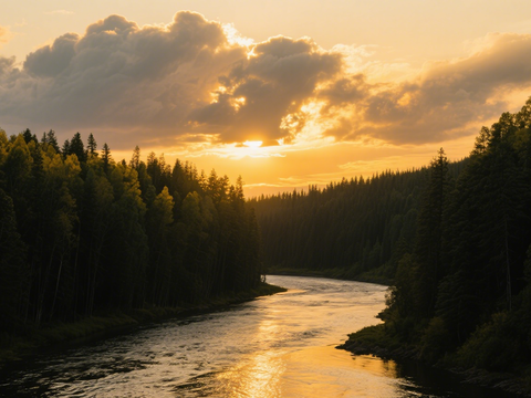  黄昏 夕阳 湖面 森林 
