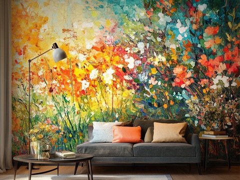  中古美式家居客厅 带动画 中古风壁画 