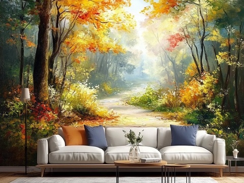  中古美式家居客厅 带动画 中古风壁画 