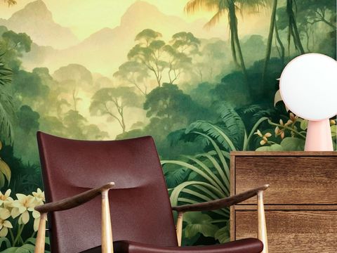  中古美式家居客厅 带动画 中古风壁画 