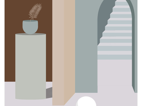  现代当代莫兰迪色系几何空间建筑艺术画 