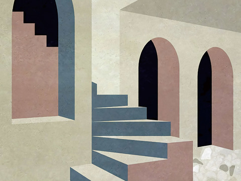  现代当代莫兰迪色系几何空间建筑艺术画 