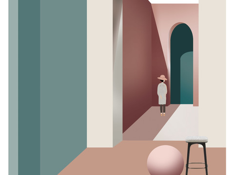  现代当代莫兰迪色系几何空间建筑艺术画 