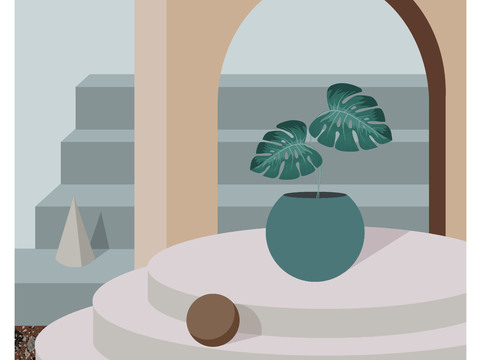  现代当代莫兰迪色系几何空间建筑艺术画 