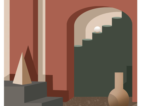  现代当代莫兰迪色系几何空间建筑艺术画 