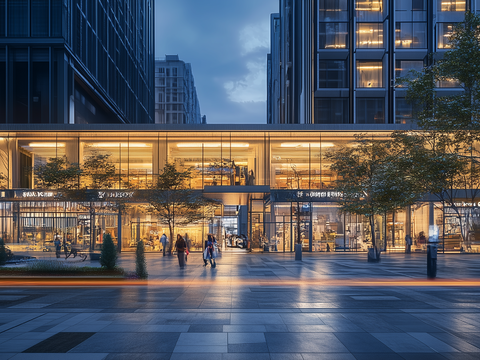  现代街道外景_现代城市街道夜景_人行道 