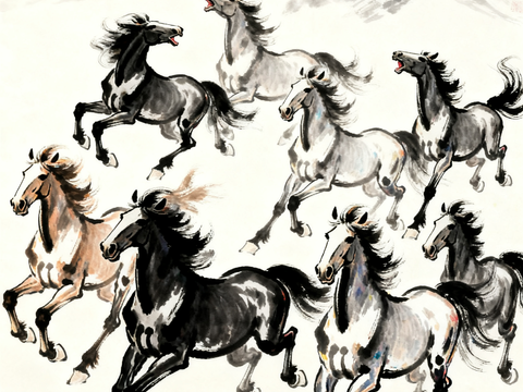  徐悲鸿风格八骏图 中式字画 水墨画 