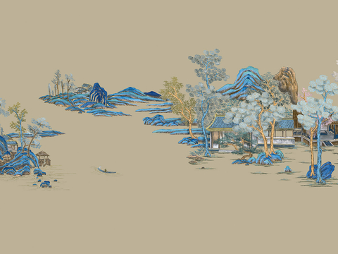 新中式立体壁画 背景墙壁画 山水壁画 墙画 壁纸 墙纸 墙布