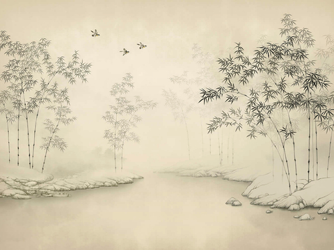 新中式立体壁画 背景墙壁画 山水壁画 墙画 壁纸 墙纸 墙布