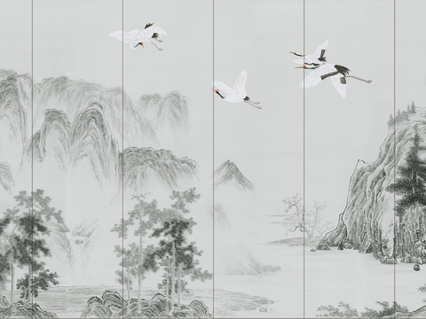 新中式立体壁画 背景墙壁画 山水壁画 墙画 壁纸 墙纸 墙布