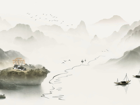 新中式立体壁画 背景墙壁画 山水壁画 墙画 壁纸 墙纸 墙布