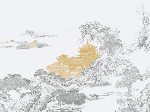 新中式立体壁画 背景墙壁画 山水壁画 墙画 壁纸 墙纸 墙布