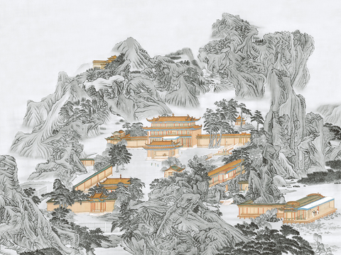  新中式立体壁画 背景墙壁画 山水壁画 墙画 壁纸 墙纸 墙布 