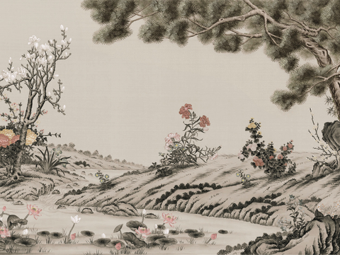  新中式立体壁画 背景墙壁画 山水壁画 墙画 壁纸 墙纸 墙布 