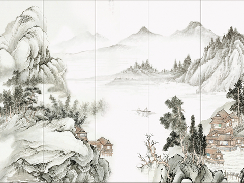  新中式立体壁画 背景墙壁画 山水壁画 墙画 壁纸 墙纸 墙布 