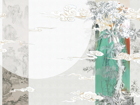  新中式立体壁画 背景墙壁画 山水壁画 墙画 壁纸 墙纸 墙布 