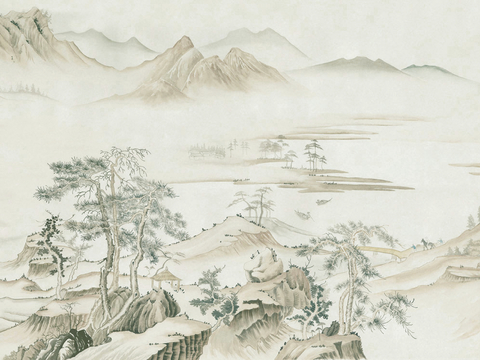  新中式立体壁画 背景墙壁画 山水壁画 墙画 壁纸 墙纸 墙布 