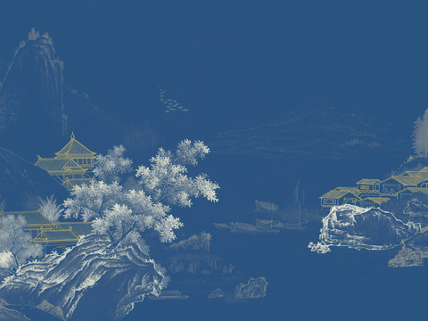  新中式立体壁画 背景墙壁画 山水壁画 墙画 壁纸 墙纸 墙布 