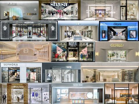 商场店铺门面夜景日景玻璃橱窗 写字楼大楼玻璃幕墙外立面贴图