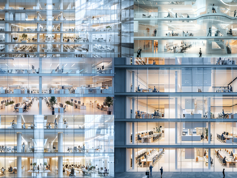 商场店铺门面夜景日景玻璃橱窗 写字楼大楼玻璃幕墙外立面贴图