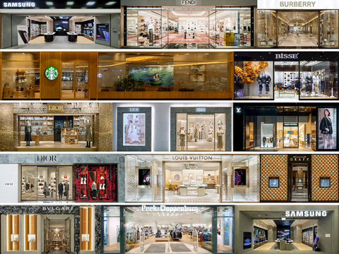 商场店铺门面夜景日景玻璃橱窗 写字楼大楼玻璃幕墙外立面贴图