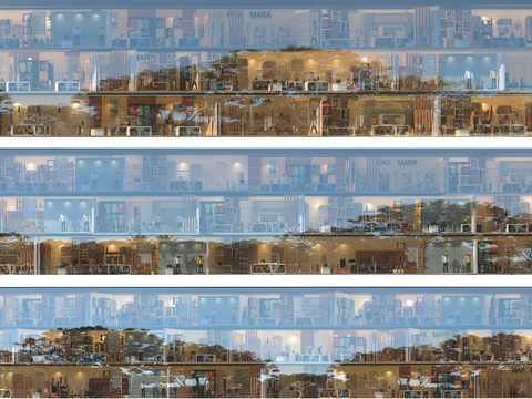 商场店铺门面夜景日景玻璃橱窗 写字楼大楼玻璃幕墙外立面贴图