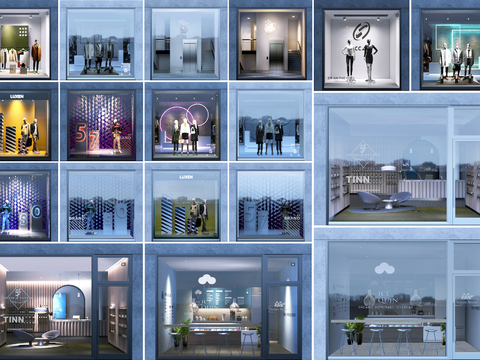  商场店铺门面夜景日景玻璃橱窗 写字楼大楼玻璃幕墙外立面贴图 