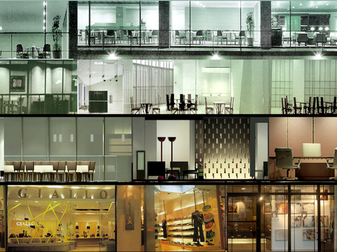 商场店铺门面夜景日景玻璃橱窗 写字楼大楼玻璃幕墙外立面贴图