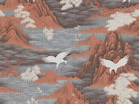  无缝白鹤山水布帛画 