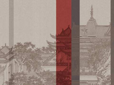 中式新中式山水建筑楼阁壁纸壁画