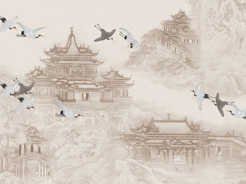 中式新中式山水建筑楼阁壁纸壁画