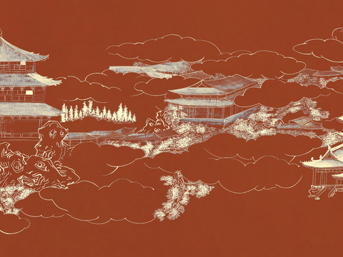 中式新中式山水建筑楼阁壁纸壁画