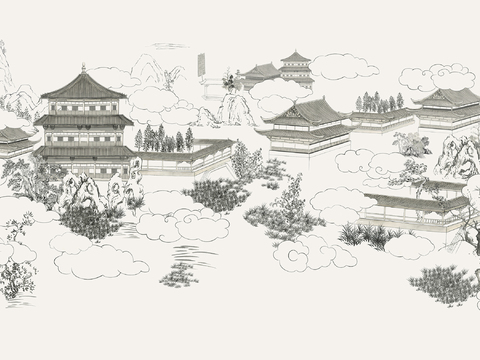 中式新中式山水建筑楼阁壁纸壁画