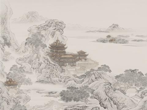 中式新中式山水建筑楼阁壁纸壁画