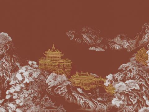 中式新中式山水建筑楼阁壁纸壁画