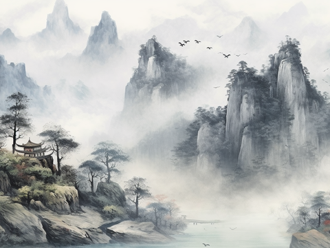 中式新中式山水壁纸壁画