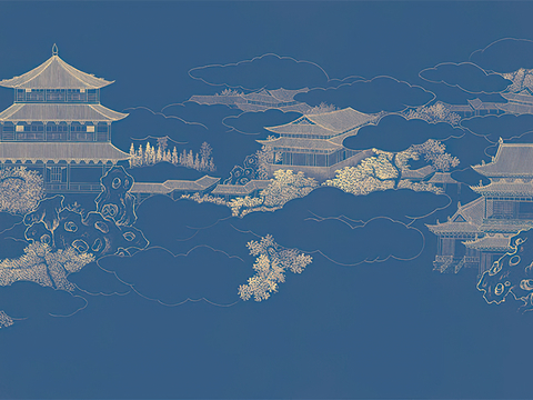 中式新中式山水建筑楼阁壁纸壁画