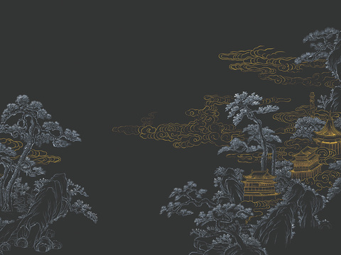 中式新中式山水壁纸壁画