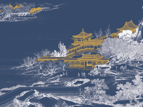 中式新中式山水建筑楼阁壁纸壁画