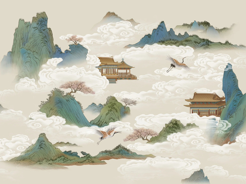 中式壁纸壁画壁纸装饰画贴图